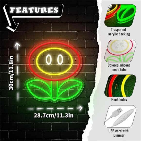 Super Mario Fire Flower LED Neon Light Game Sign Room Decor Nintendo Retro NES - Picture 5 of 7